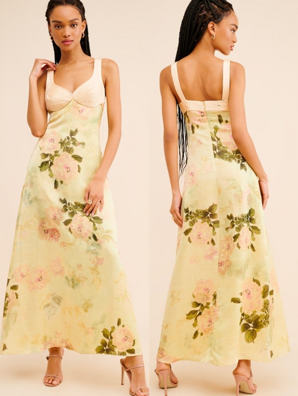 Anthropologie Geisha Designs Light Yellow Floral Maxi Slip Dress